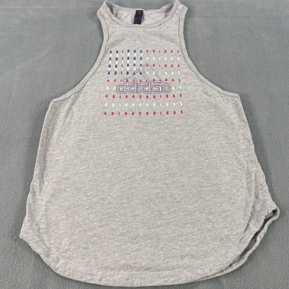 Adidas Womens XS Gray Patriotic Graphic Racerback Tank Top Red White Blue Logo